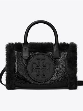 Tory Burch Black MINI ELLA PATENT SHEARLING TOTE NWT
